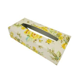 Vintage 60s Plastic Tissue Box Cover White Yellow Flowers MCM Flower Cottagecore